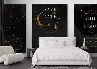 Wedding invitation Card template with  star and moon themed . Gold and luxury save the dated card with watercolor and gold sparkles and brush texture. Starry night cover design background. Wall mural