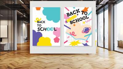 Welcome back to school cover background vector set. Cute childhood illustration with book, lab tube, pencil, mathematical symbols. Back to school collection for prints, education, banner. Wall mural