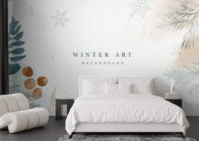 Winter background vector. Hand painted watercolor and gold brush texture, Flower and botanical leaves hand drawing. Abstract art design for wallpaper, wall arts, cover, wedding and  invite card.  
 Wall mural