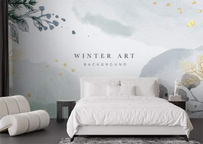 Winter background vector. Hand painted watercolor and gold brush texture, Flower and botanical leaves hand drawing. Abstract art design for wallpaper, wall arts, cover, wedding and  invite card.  Wall mural