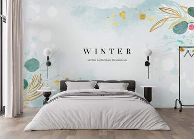 Winter background vector. Hand painted watercolor and gold brush texture, Flower and botanical leaves hand drawing. Abstract art design for wallpaper, wall arts, cover, wedding and  invite card.   Wall mural