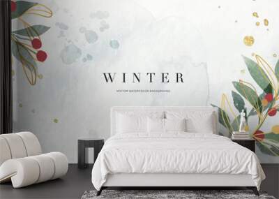 Winter background vector. Hand painted watercolor and gold brush texture, Flower and botanical leaves hand drawing. Abstract art design for wallpaper, wall arts, cover, wedding and invite card. Wall mural