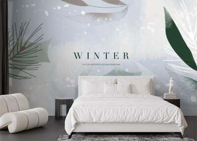 Winter background vector. Hand painted watercolor and gold brush texture, Flower and botanical leaves hand drawing. Abstract art design for wallpaper, wall arts, cover, wedding and invite card. Wall mural