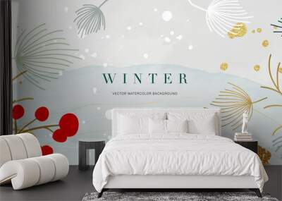 Winter background vector. Hand painted watercolor and gold brush texture, Flower and botanical leaves hand drawing. Abstract art design for wallpaper, wall arts, cover, wedding and invite card. Wall mural