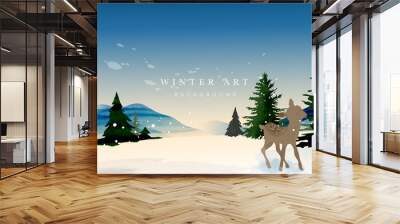 Winter background vector. Hand painted watercolor and gold brush texture, Mountain with snow, pine forest and deer hand drawing. Design for wallpaper, wall arts, cover, wedding and  invite card. Wall mural