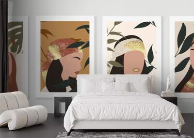 Women Portrait abstract art background vector. Surreal faces stylish girls in trendy clothes with tropical leaves background. Fashion wall art design collection. vector illustration. Wall mural