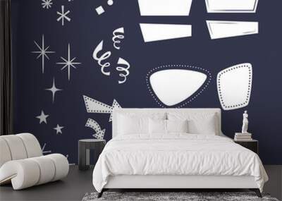 Geometric shapes in the style of the 50s: arrows, rhombuses, lines, clouds, stars, snowflakes, triangles. Overlays, comic style forms. Wall mural