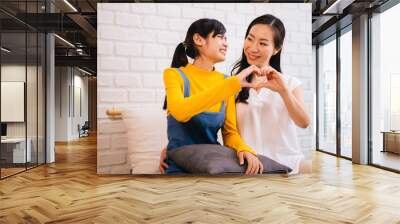 Asian family portrait of mature mother and teenage daughter making heart shape with hands while sitting on couch at home through window sunlight. Woman and girl healthy relationship Wall mural