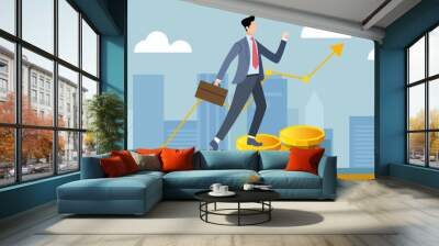 flat illustration of business person on graph with gold coin Wall mural