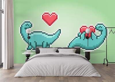 8 bit pixels dinosaur Brontosaurus. Animals in vector illustrations for Cross Stitch patterns. Wall mural