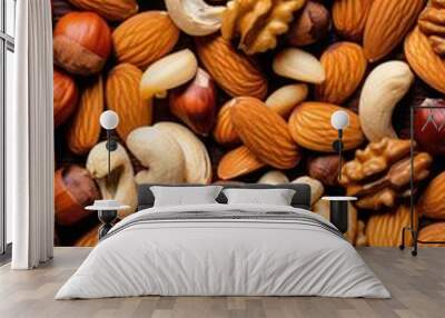 Close up view nuts and dried fruits. Wall mural