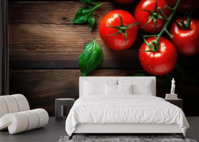 Fresh tomatoes on wooden table top. Overhead view. Wall mural