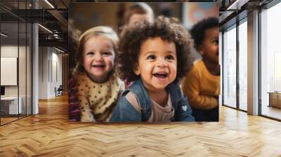 Happy group of multiracial toddlers, sitting in classroom and looking in awe at their teacher. Wall mural