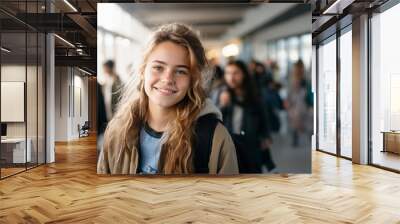 Student girl dressed in sweatshirt carrying a backpack in high school hallway Wall mural