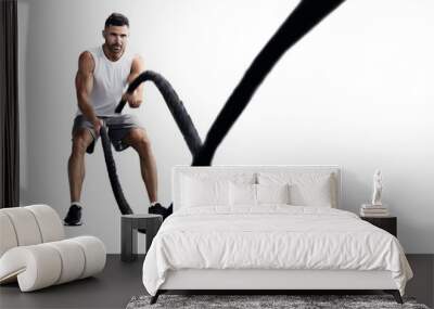 Athletic young man with battle rope doing exercise in functional training on a transparent background Wall mural