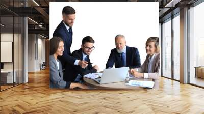 Business team working on laptop to check the results of their work on a transparent background Wall mural