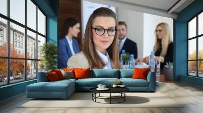 business woman with her staff, people group in background at modern bright office indoors Wall mural