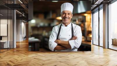 Caucasian middle aged male chef in a chef's hat with arms crossed wears apron standing in restaurant kitchen and smiling Wall mural