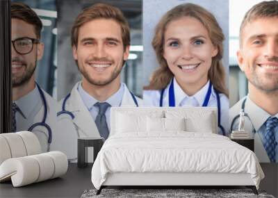 Collage of happy doctors with stethoscopes in a row. Wall mural