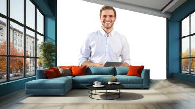 Handsome businessman using his tablet standing on a transparent background Wall mural