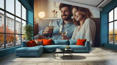 Happy couple man and woman sitting on sofa, laughing and drinking wine. Wall mural