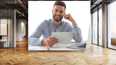 Happy young business man is analizing financial documents on a transparent background Wall mural