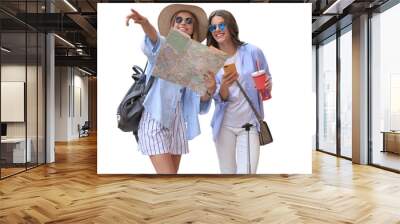 Holidays and tourism concept - beautiful girls looking for direction on a transparent background Wall mural