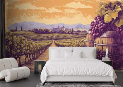 Illustration-style vintage art of a vineyard and wine barrels Wall mural