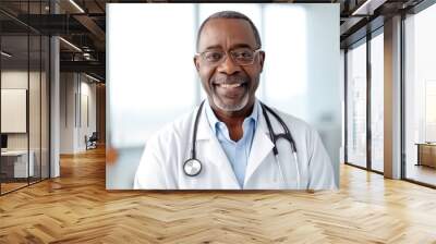 Middle aged african male doctor in a white medical coat with clipboard and smile Wall mural