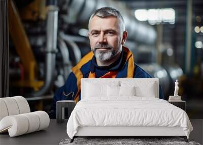 Portrait of middle aged professional heavy industry engineer. chemical industry plant, workers in work clothes in a factory with pipes and machines. Wall mural