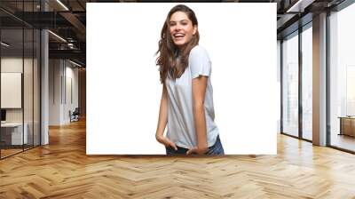 Portrait of young beautiful cheerful girl smiling looking at camera on a transparent background Wall mural