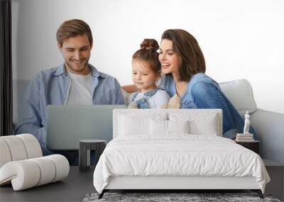 Positive friendly young parents with smiling little daughter sitting on sofa together answering video call on laptop and waving hand in greeting while relaxing on a transparent background Wall mural