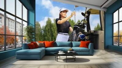 Professional woman golf player choosing the golf club from the bag. Wall mural