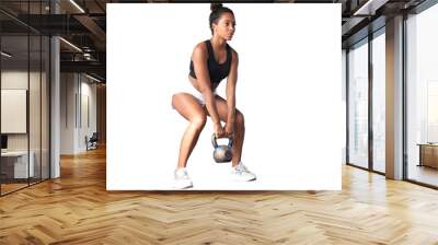 Sport woman with kettlebell on a transparent background Wall mural