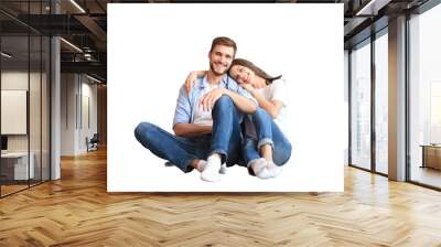 The happy couple sitting on a transparent background. Wall mural