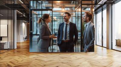 Three smiling businesspeople in a suits standing and discussing business in office space Wall mural