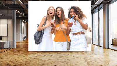 Three trendy cool hipster girls, friends drink cocktail on a transparent background Wall mural