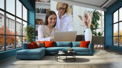 Two female collegues working with laptop and discussing new project. Wall mural