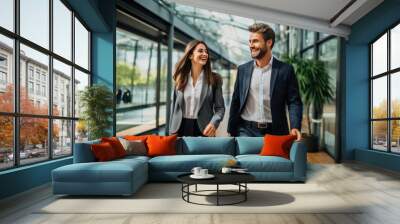 Young modern businessman and businesswoman walking exuding confidence and unity in a contemporary hall of a large office setting Wall mural