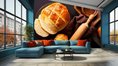 fresh bread on black table Wall mural