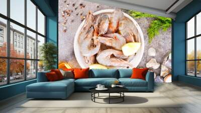 raw shrimps on white plate Wall mural