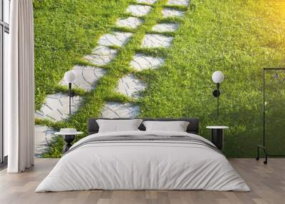 Pathway maden from paving stone in garden with beautiful lawn Wall mural