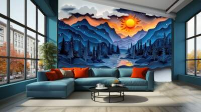 3D paper cut art of an enchanting night scene with the moon, stars and clouds in shades of blue, purple and yellow, with trees, mountains and rivers. Wall mural