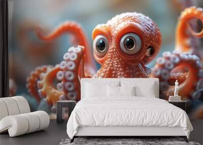 Cute octopus cartoon 3d on the right side with blank space for text Wall mural