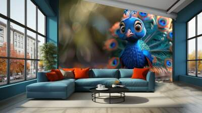 Cute peacock cartoon 3d on the right side with blank space for text Wall mural