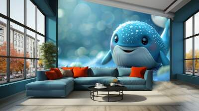 Cute whale cartoon 3d on the right side with blank space for text Wall mural