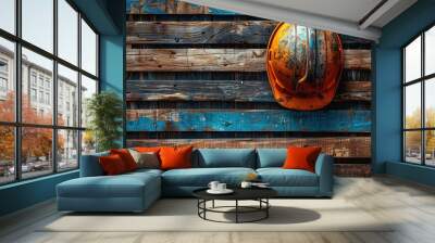 Hard Hat on Wooden Wall Wall mural