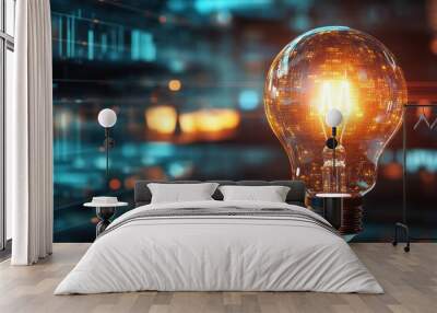 Illuminated Light Bulb Against a Futuristic Technology Inspired Background Wall mural