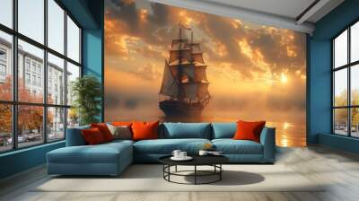 Ship on the sea at sunset wallpaper Wall mural