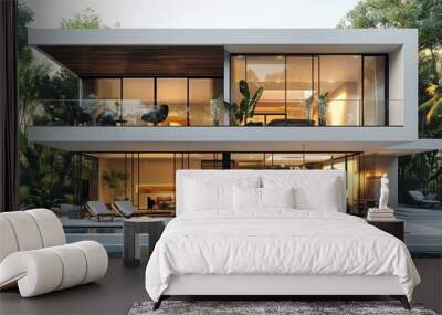 simple luxury modern house with a pool, with large glass windows. Wall mural